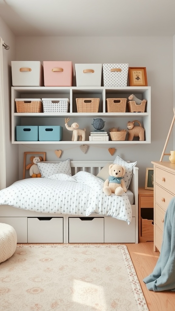 A toddler room featuring a bed with storage drawers and a shelving unit filled with colorful storage boxes and woven baskets.