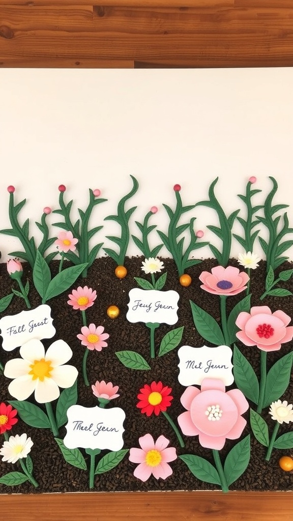A colorful garden-inspired guest book with flowers and guest names.