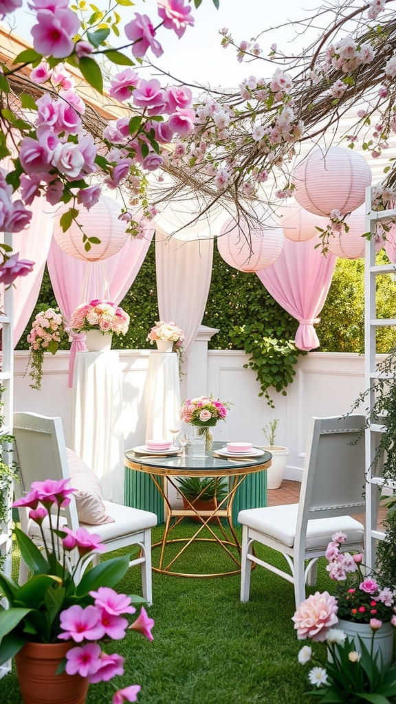 A beautiful garden setting for a baby shower with pink flowers, white chairs, and decorative lanterns.