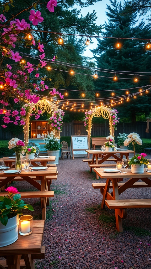 A beautifully decorated garden party setting for a baby shower, featuring string lights, floral arrangements, and wooden tables.