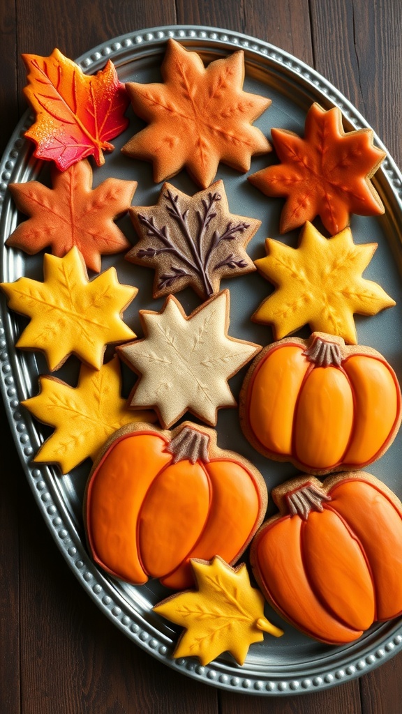 A platter of fall-themed gingerbread cookies shaped like pumpkins and leaves, decorated with royal icing in vibrant colors.