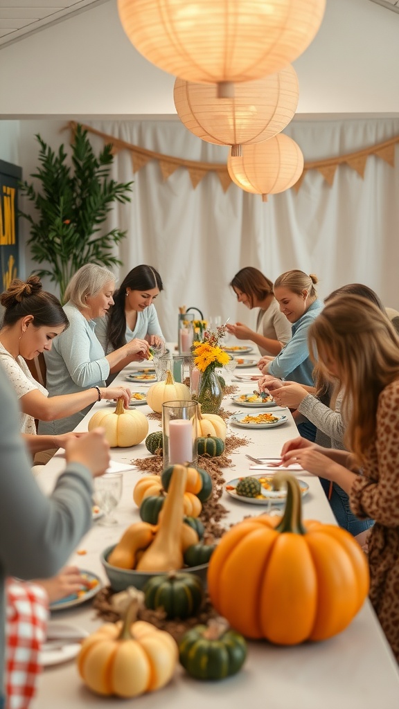 A group of women enjoying a fall baby shower with gourds and pumpkins on the table.