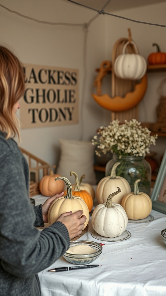 A person decorating pumpkins at a crafting table with various gourds and supplies.