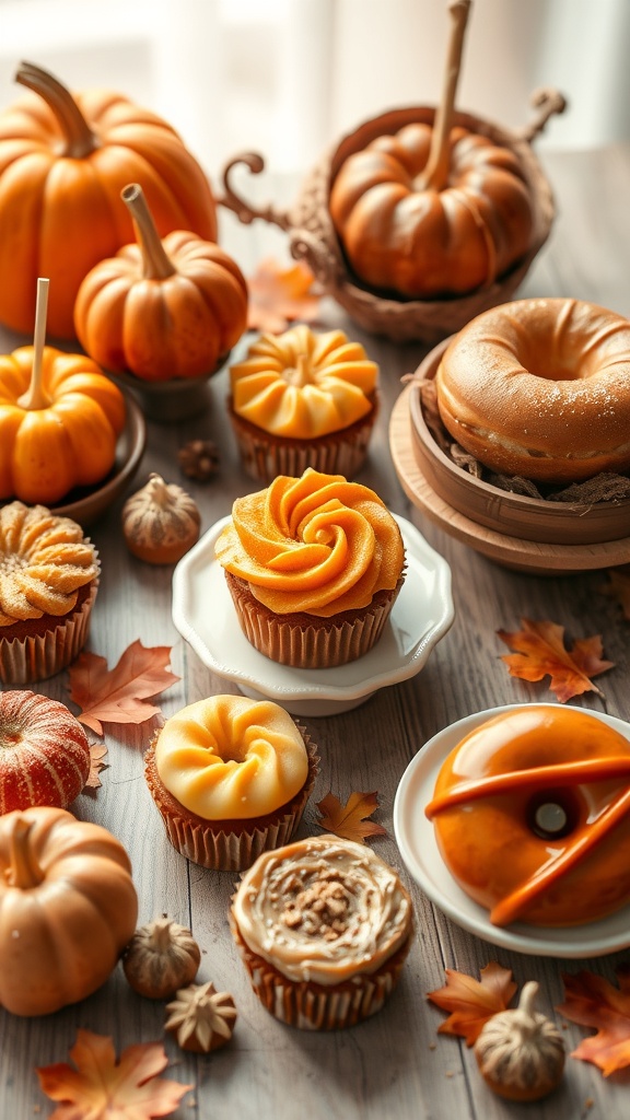 A variety of harvest-inspired treats including cupcakes, donuts, and small pumpkins on a wooden table.