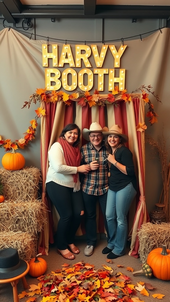 A harvest-themed photo booth with a sign that says 'HARVY BOOTH', decorated with autumn leaves, pumpkins, and hay bales, featuring three smiling guests.