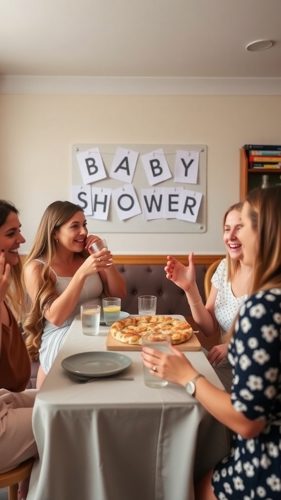 A group of friends enjoying a baby shower brunch with a 'BABY SHOWER' banner in the background.