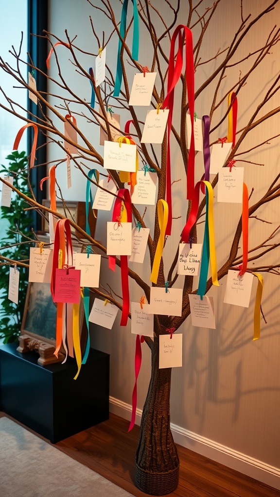 A decorative tree with colorful ribbons and handwritten notes, symbolizing wishes for a new baby.