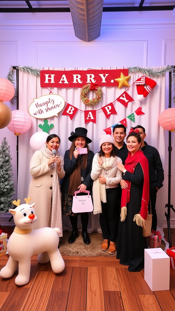 A group of friends posing in a holiday-themed photo booth at a winter baby shower, featuring festive decorations and props.
