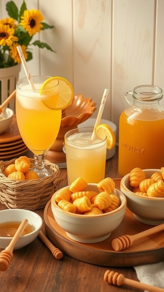 A cozy table setup with honey-themed refreshments, including drinks and snacks, perfect for a Winnie the Pooh baby shower.