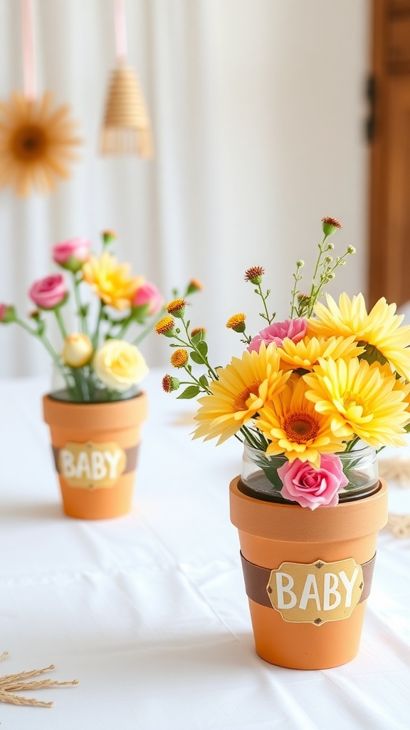 Colorful flower pots with the word 'BABY' on them, filled with vibrant flowers, set as centerpieces for a baby shower.