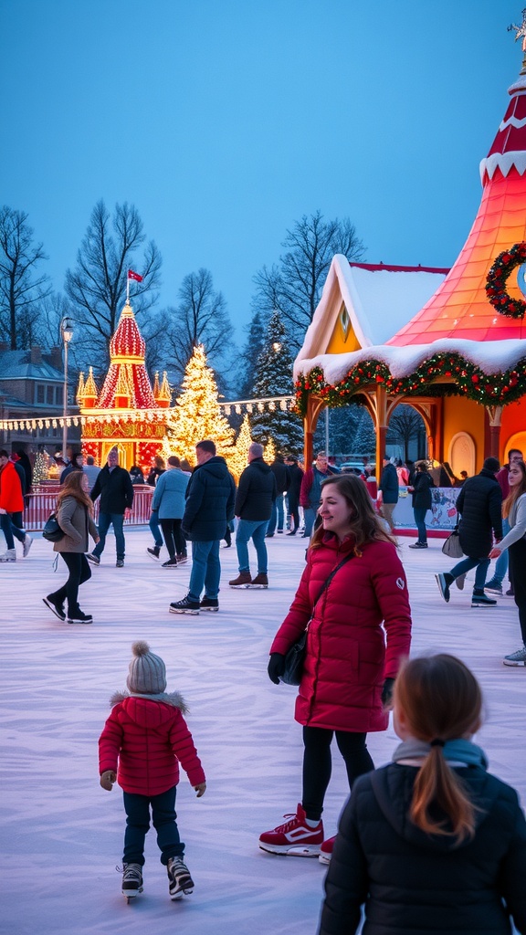A winter scene with people ice skating, decorated buildings, and a festive atmosphere.