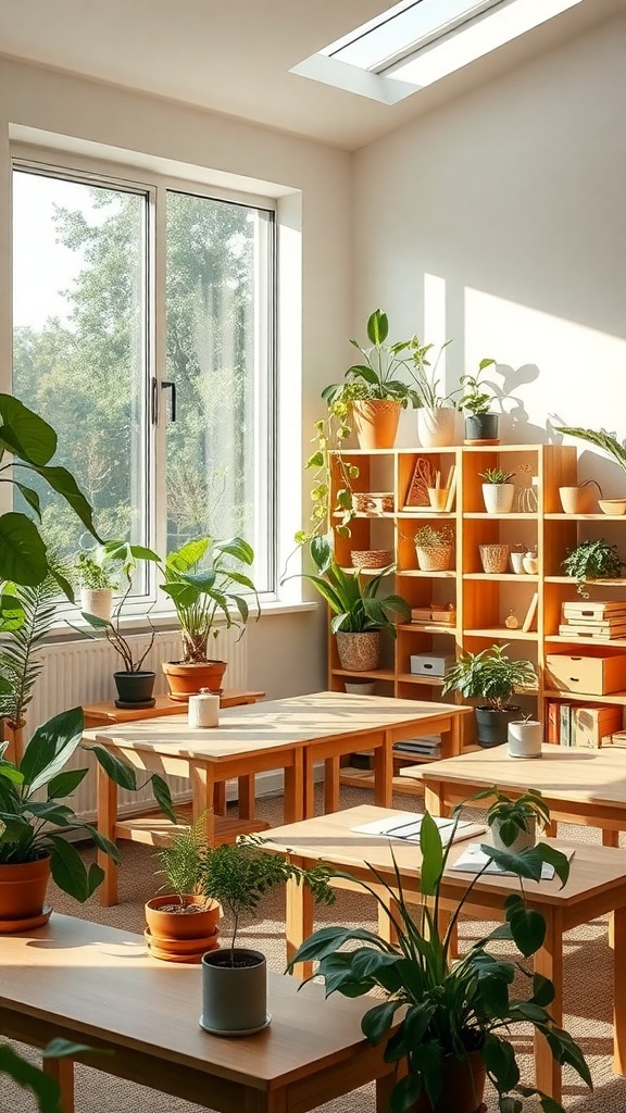 A bright Montessori room filled with plants, wooden tables, and natural light.