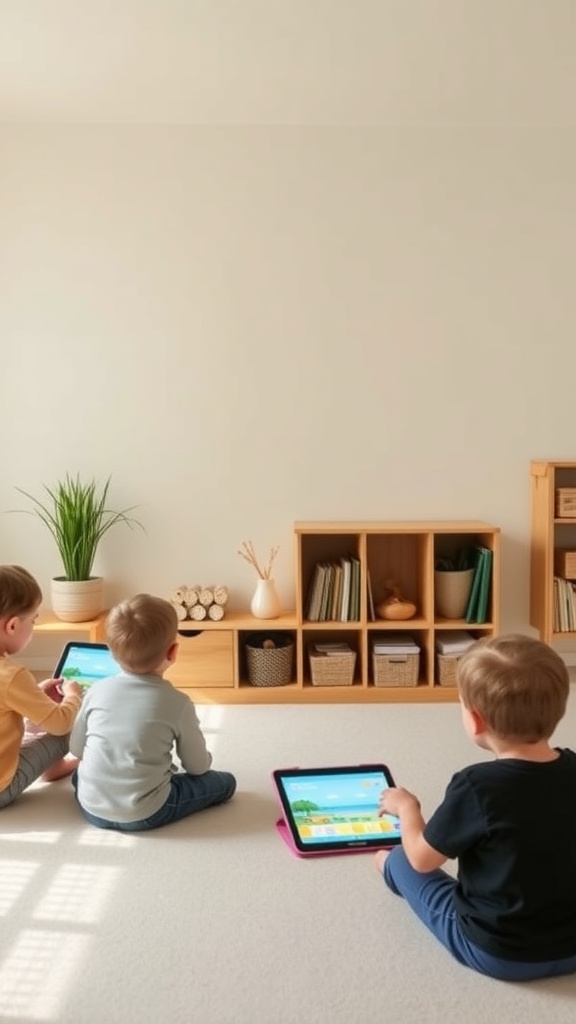 Three children sitting on a carpet, each using a tablet in a bright Montessori room.