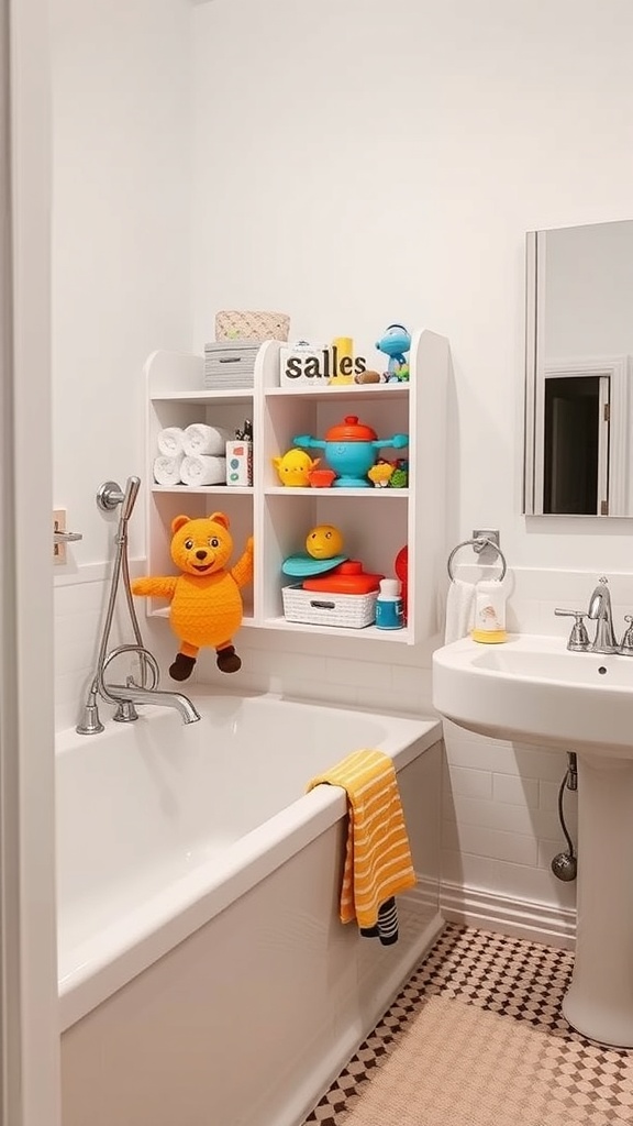 A bright bathroom featuring a storage unit filled with colorful bath toys, a bathtub, and playful decor.