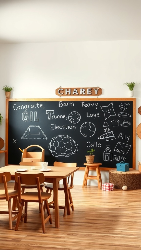 A cozy shared room featuring an interactive chalkboard wall filled with drawings and words, accompanied by a simple table and chairs.