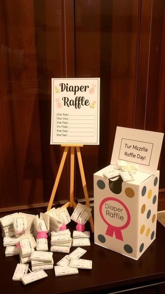 A diaper raffle setup with a colorful box and tickets for a baby shower.