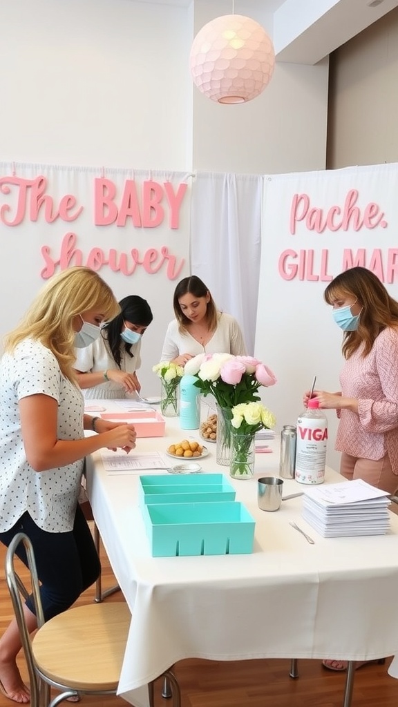 Group of friends at a baby shower brunch working on DIY decor projects at a table.