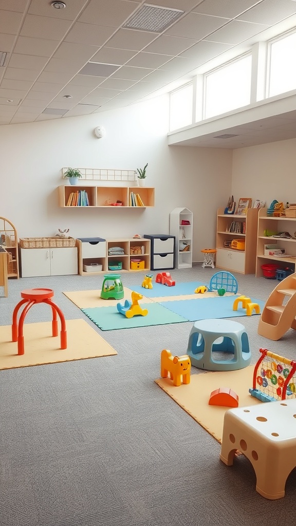 A colorful toddler playroom with soft mats, toys, and play equipment.