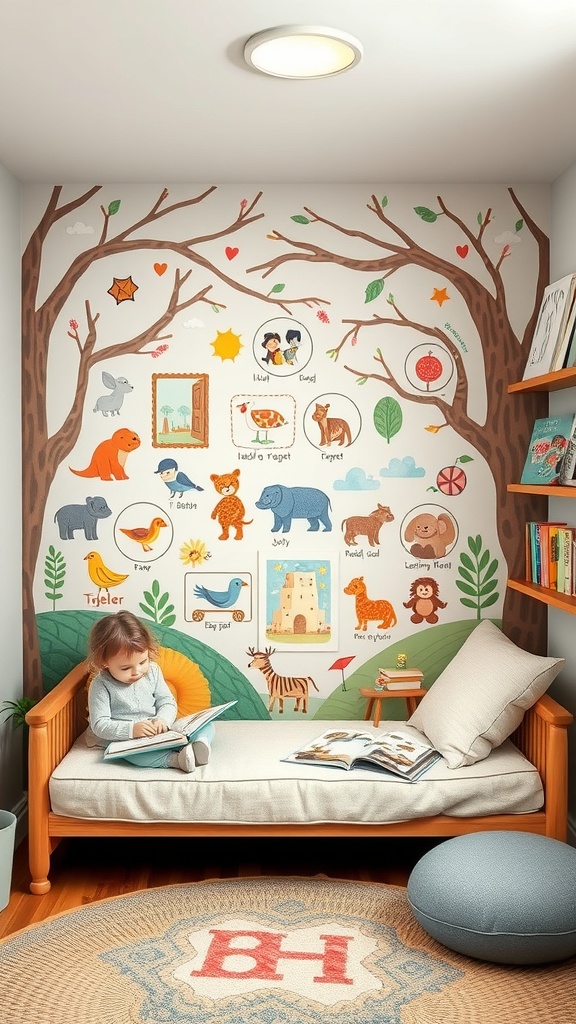 A cozy toddler reading nook featuring an interactive story wall with colorful illustrations of animals and trees, a child reading on a couch, and books nearby.