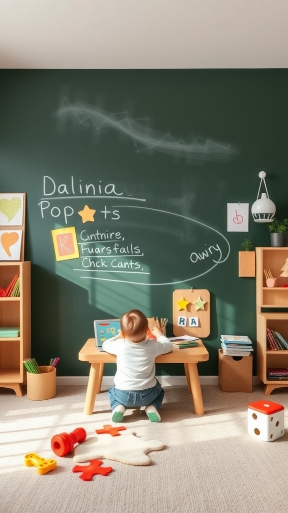 A toddler sitting at a small table in front of a chalkboard wall, drawing and writing with colorful toys scattered around.