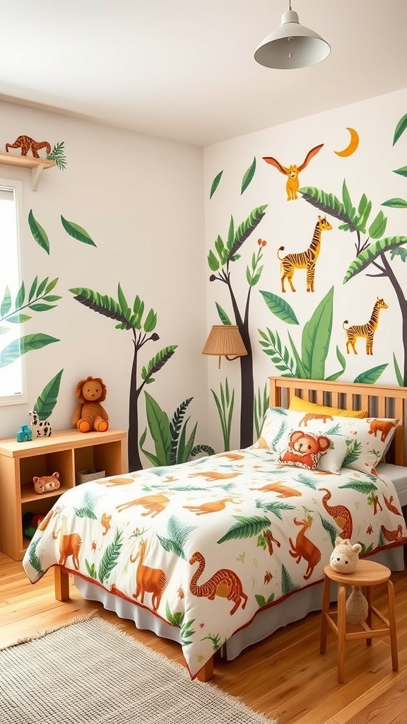 A toddler's bedroom decorated in a jungle safari theme with animal prints and greenery.