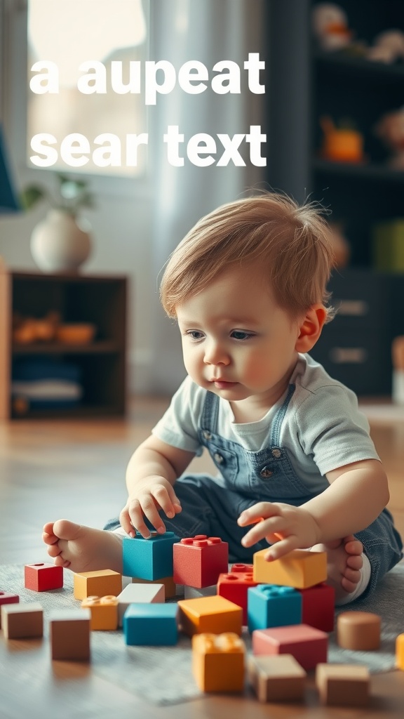 A toddler boy playing with colorful blocks, showcasing a layered haircut.