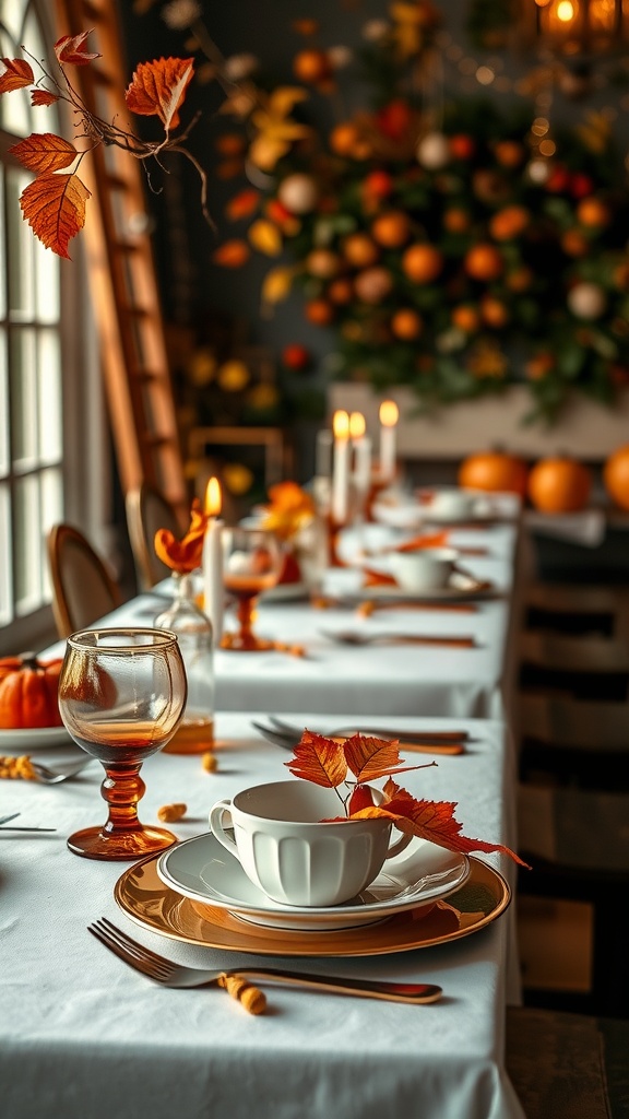 A beautifully set table for a fall baby shower featuring white linens, orange leaves, and pumpkins.