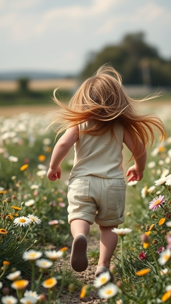 A toddler boy with long hair running through a field of flowers