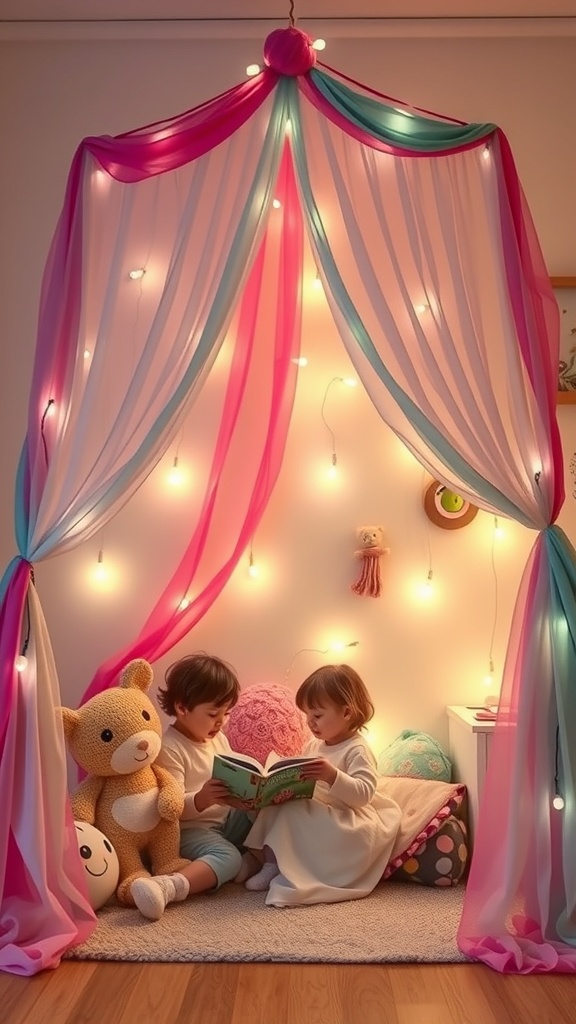 A cozy reading nook for toddlers featuring a colorful canopy, fairy lights, and plush toys.