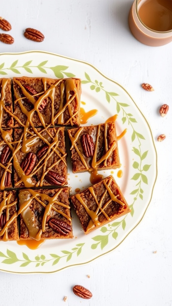 Maple pecan pie bars on a decorative plate with caramel drizzle and pecans