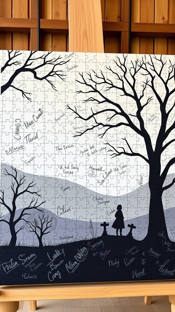 A puzzle guest book with a silhouette of a child and trees, featuring signatures from guests.