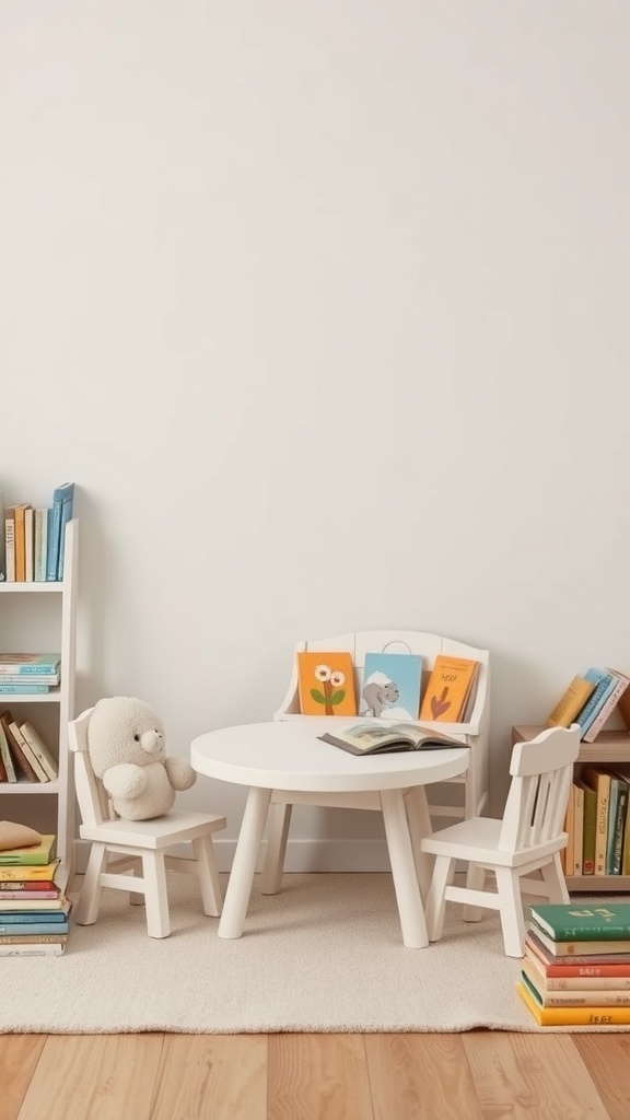 A cozy toddler reading nook featuring a small round table, two miniature chairs, a teddy bear, and colorful books on shelves.