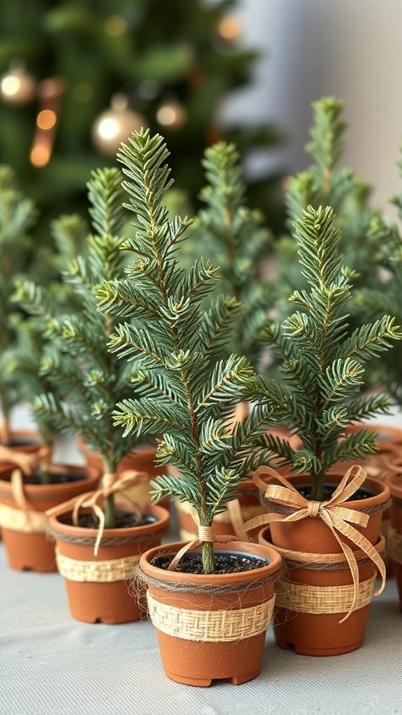 Miniature pine trees in terracotta pots with twine and bows