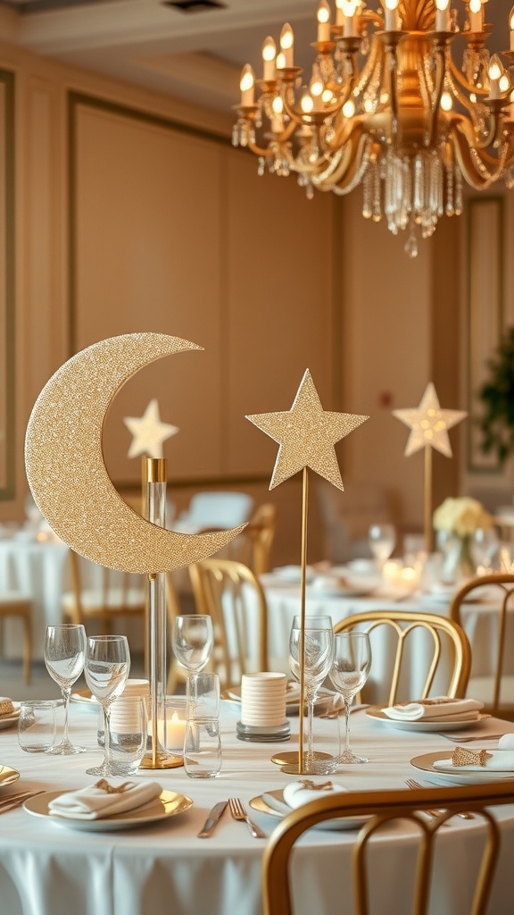 Elegant moon and star centerpieces on a beautifully set table for a baby shower.