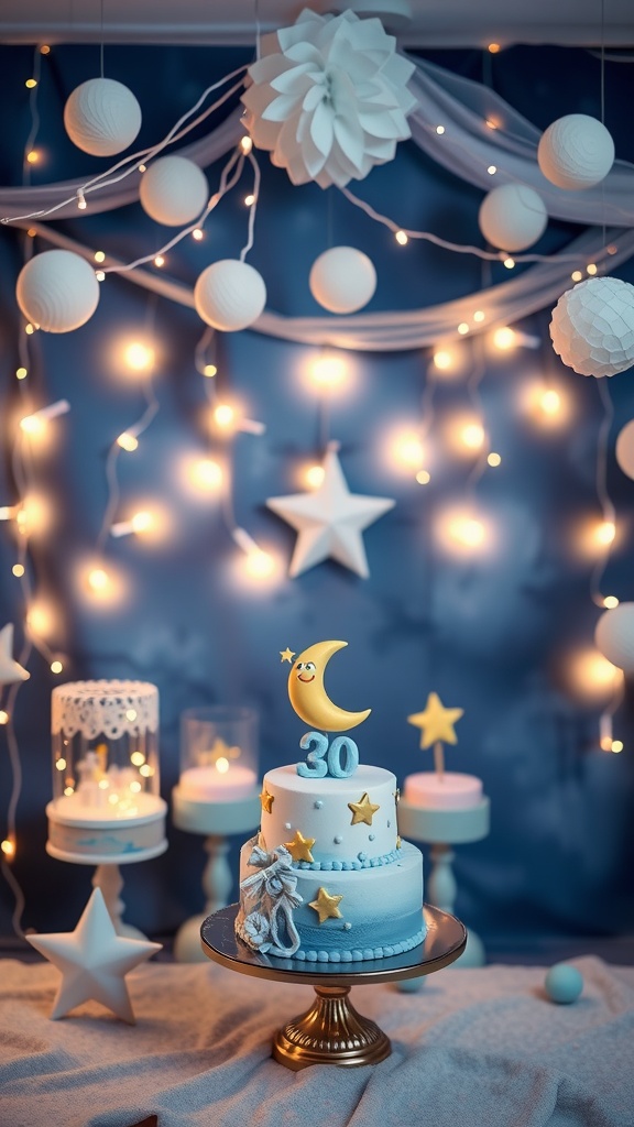 A beautifully decorated baby shower setup featuring a moon and stars theme, with a cake, candles, and soft lighting.