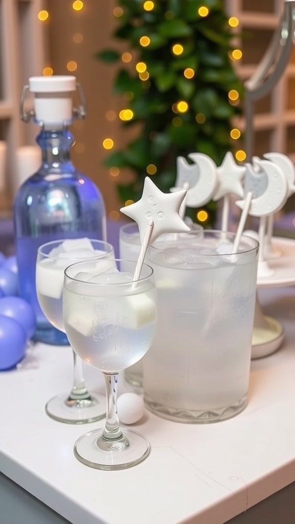 A drinks station with light drinks and star-shaped marshmallows on sticks, set against a backdrop of soft lighting.