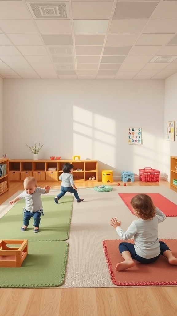 Children playing in a Montessori room with soft mats and toys