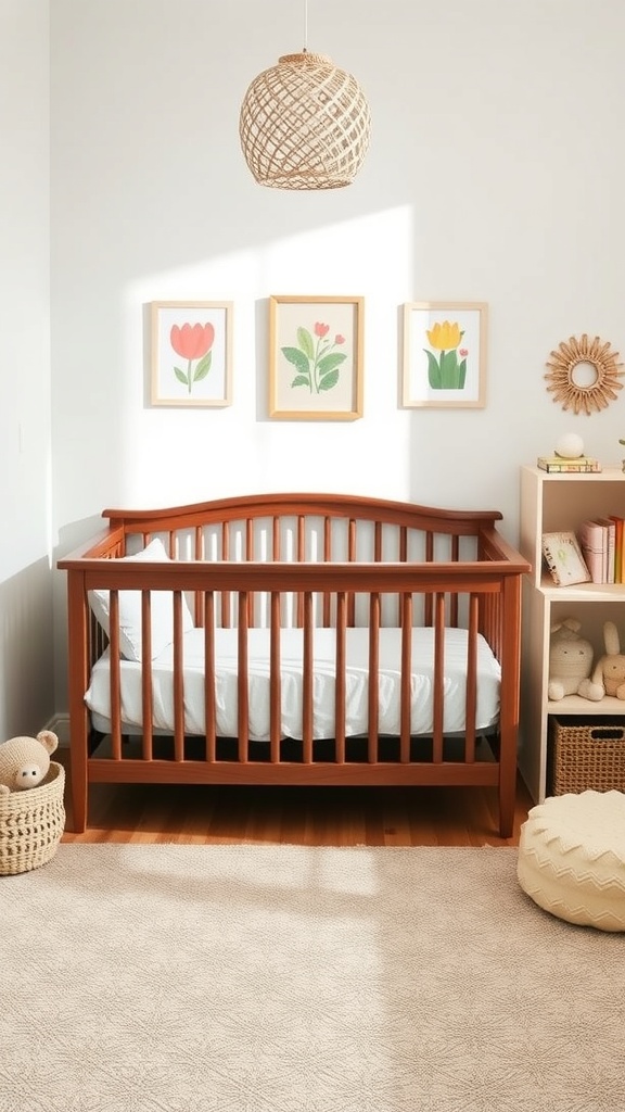 A cozy toddler room featuring a wooden crib, colorful flower art on the wall, a small bookshelf, and soft storage baskets.