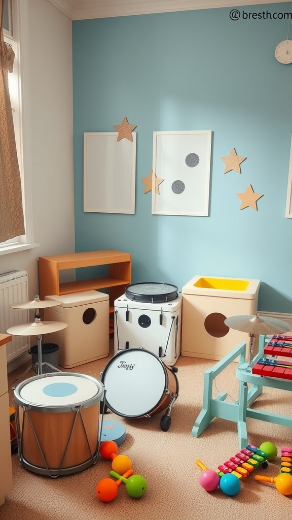 A vibrant toddler playroom corner filled with musical instruments like drums, xylophones, and colorful shakers.