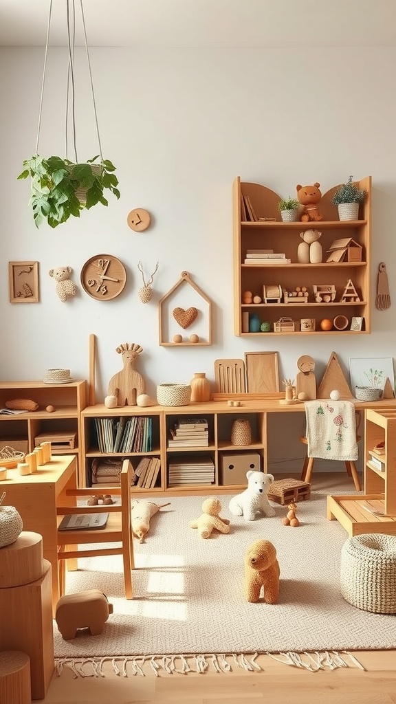 A cozy Montessori room filled with wooden furniture, natural toys, and plants, creating a warm atmosphere.