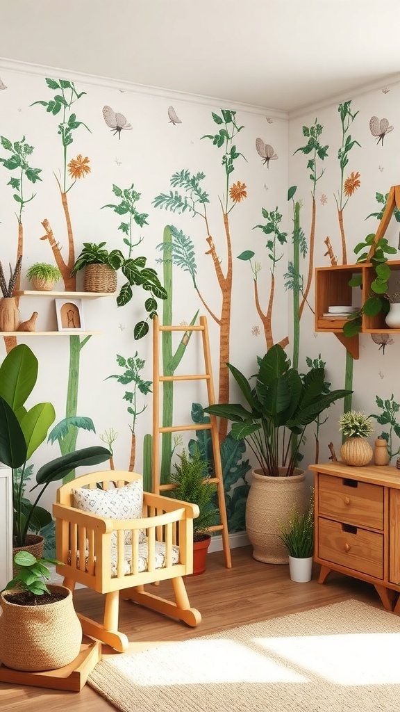 A toddler room with nature-inspired decor featuring tree murals, plants, and wooden furniture.
