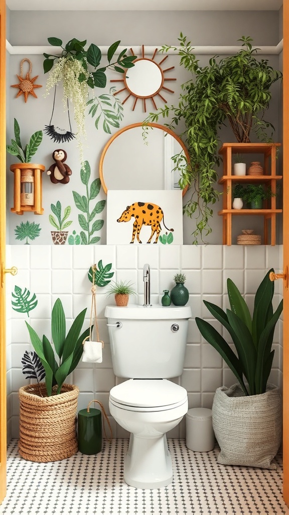 A toddler bathroom with nature-inspired decor featuring plants, animal illustrations, and natural materials.