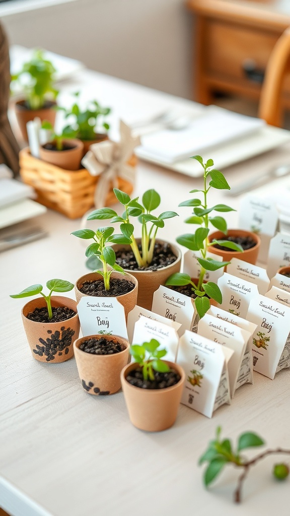 A display of small potted plants and seed packets on a table, perfect for nature-inspired baby shower favors.