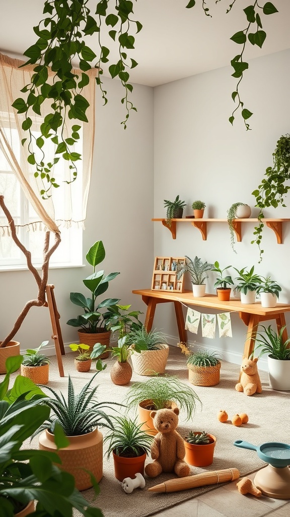 A cozy playroom filled with various indoor plants, a wooden table, and playful items for toddlers.