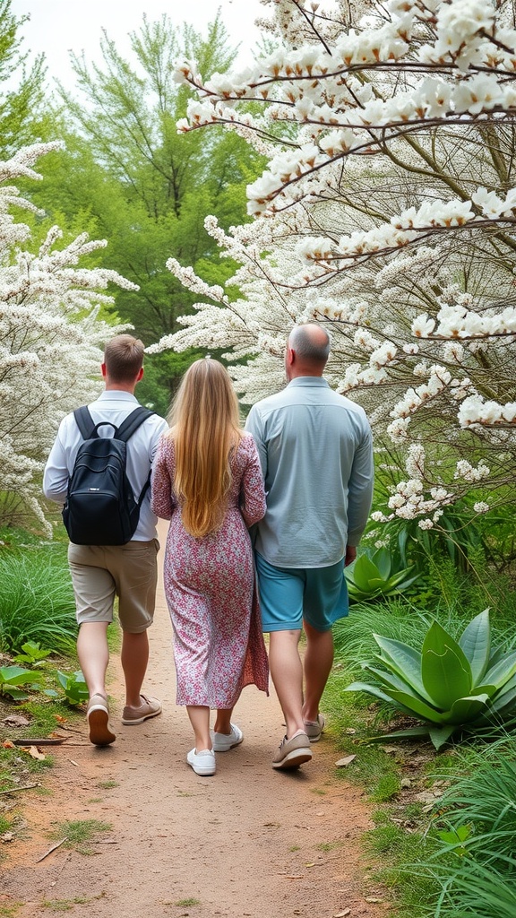 Three people walking on a nature path surrounded by blooming flowers
