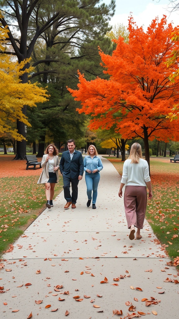 People walking on a pathway surrounded by colorful fall trees