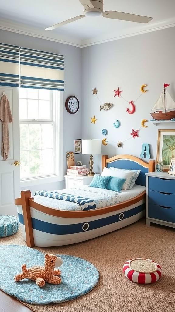 A toddler's bedroom featuring a boat bed, nautical decorations, and a cozy atmosphere.