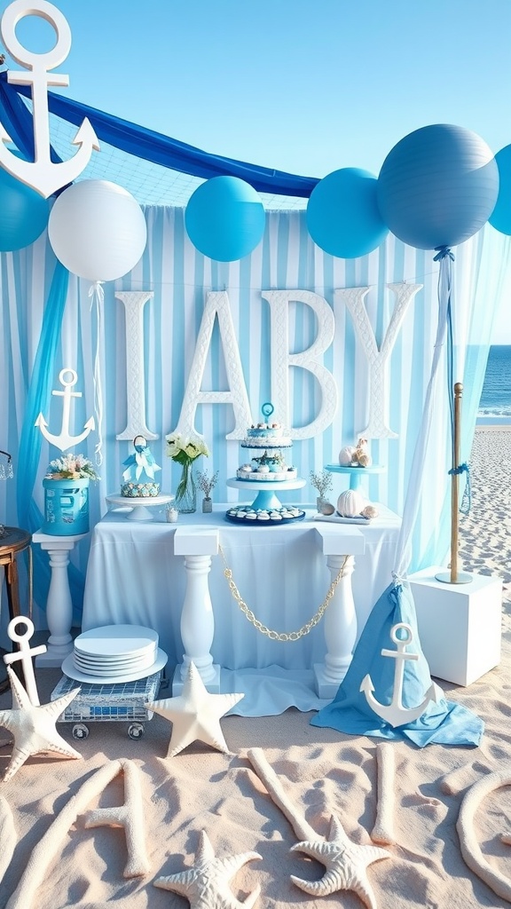 Nautical themed baby shower setup with decorations, a dessert table, and beach elements.