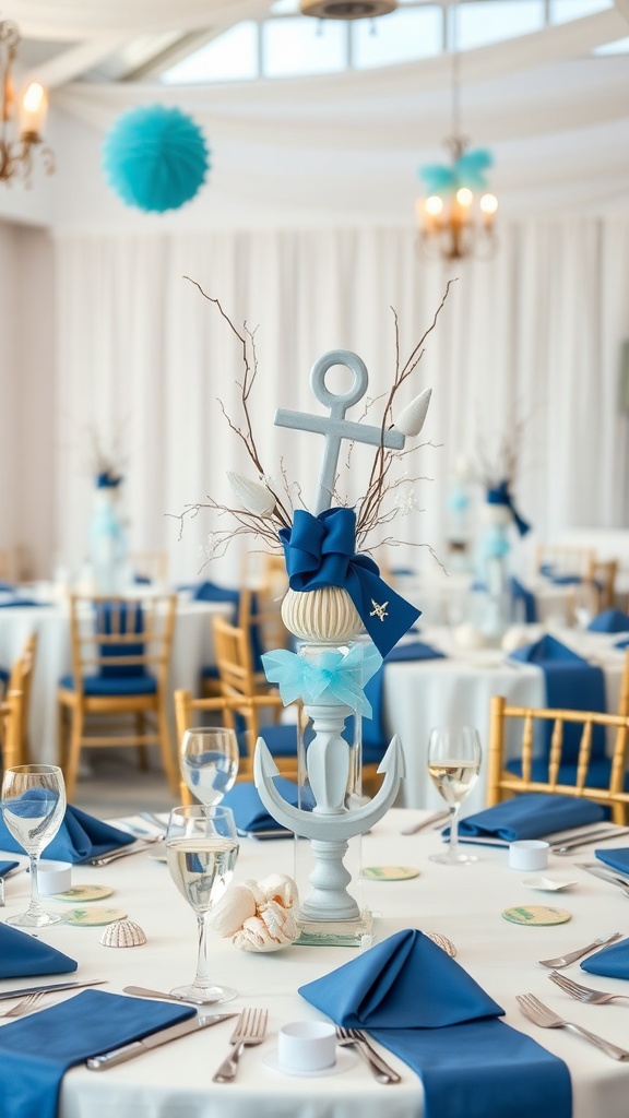 Nautical themed centerpiece with an anchor, blue bow, and seashells on a table