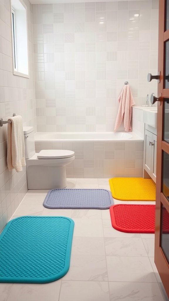 A bright bathroom featuring colorful non-slip bath mats in blue, yellow, red, and gray on a tiled floor.